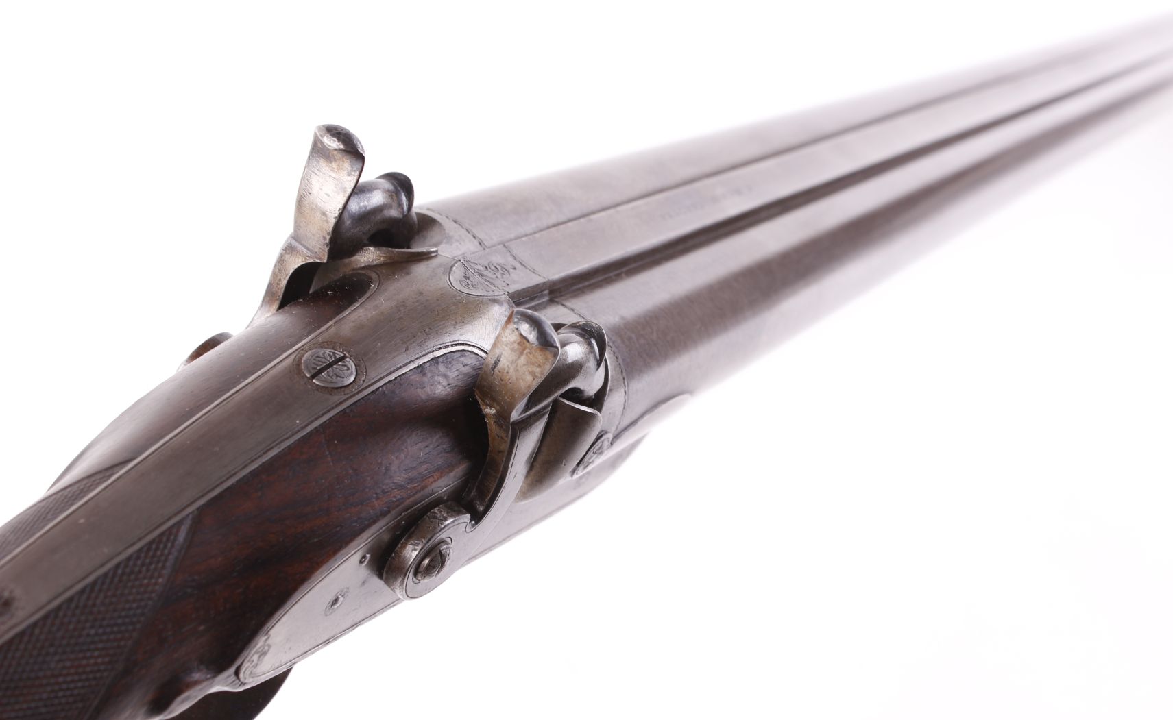 (S58) 8 bore double percussion gun by Malbon, 33 ins brown damascus barrels with broad rib stamped C - Image 9 of 10