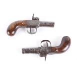 (S58) Pair of 40 bore percussion pocket pistols, 2 ins octagonal turn off barrels, matching scroll