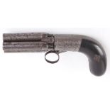 (S58) 80 bore Mariette pepperbox pistol, four 60mm damascus turn off barrels, Liege proof, fine