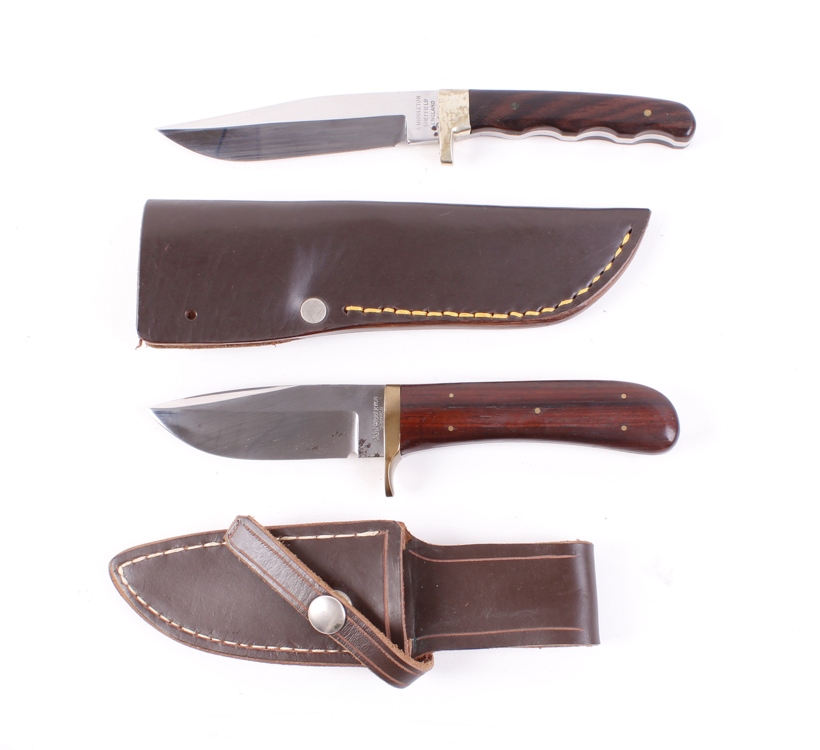 R. Middleton 5 ins clip point bowie wooden ridged scales in leather sheath; R & R Middleton 4 ins