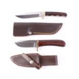 R. Middleton 5 ins clip point bowie wooden ridged scales in leather sheath; R & R Middleton 4 ins