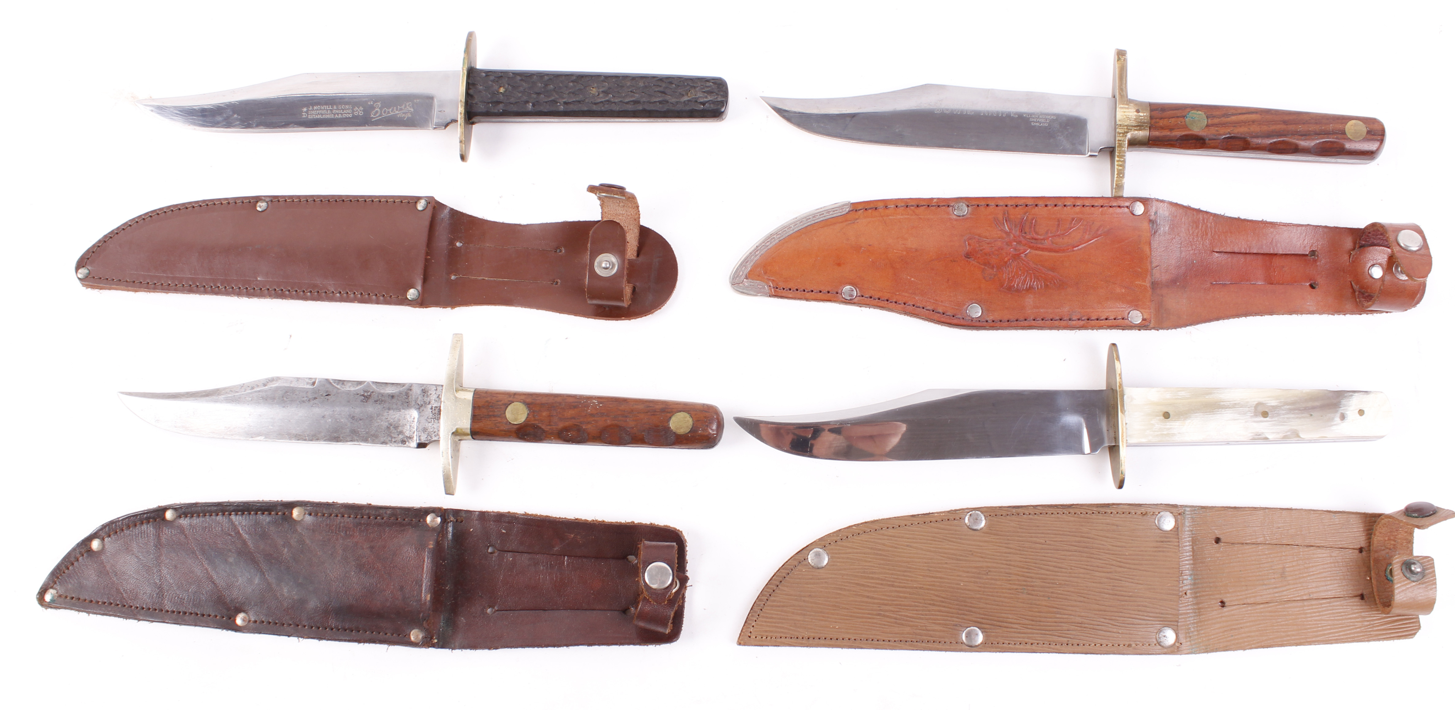 4 x 6 ins bowie knives in leather sheaths by Rodgers, Knowill and two others