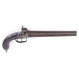 (S58) 40 bore Percussion double coach pistol, 10 ins over and under barrels, scroll engraved boxlock