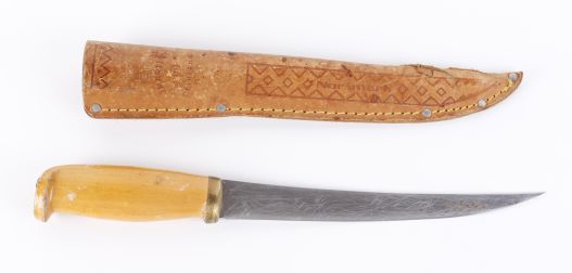 Hunting knife by J. Marttiini, Finland, 9 ins blade in leather sheath