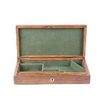 Oak pistol box, brass screw fixings, inset circular brass escutcheon, fitted with green baize