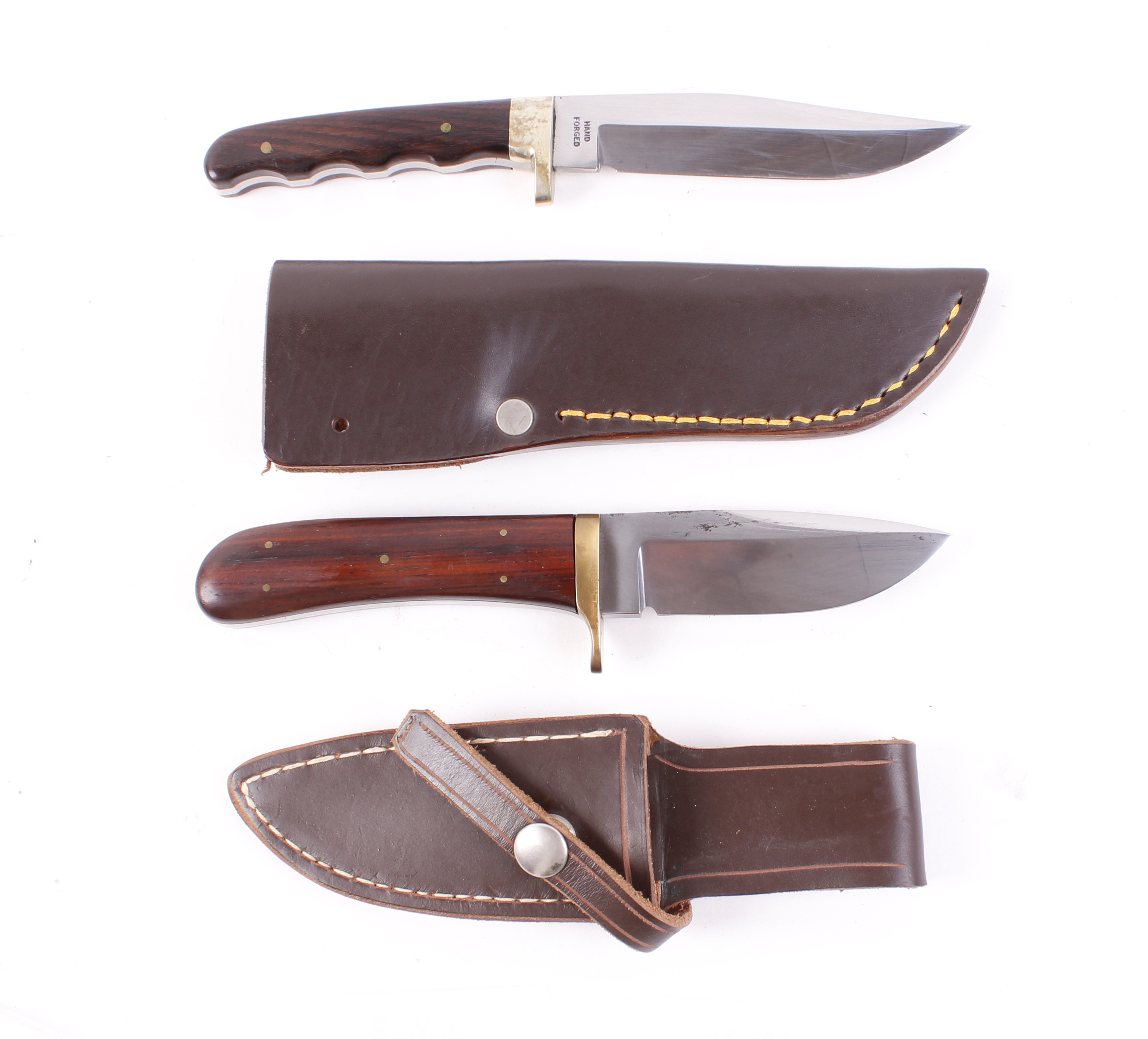 R. Middleton 5 ins clip point bowie wooden ridged scales in leather sheath; R & R Middleton 4 ins - Image 2 of 2