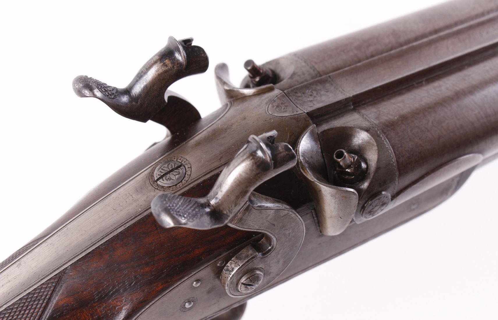 (S58) 8 bore double percussion gun by Malbon, 33 ins brown damascus barrels with broad rib stamped C - Image 5 of 10