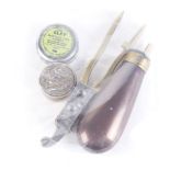80 bore brass double bullet mould; copper and brass pistol powder flask; circular cap box with