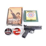 .22 Webley Premier Mk2 air pistol in original box with pellet catcher, box of Diana paper targets,