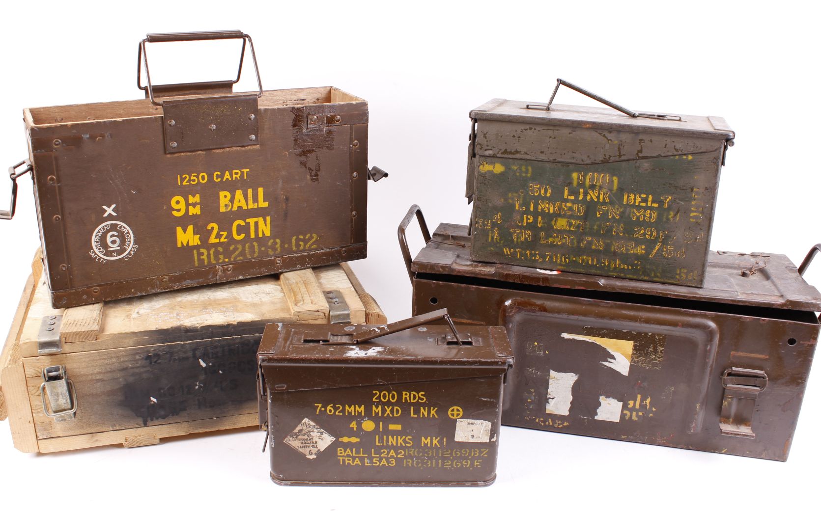 Five assorted ammunition boxes and tins