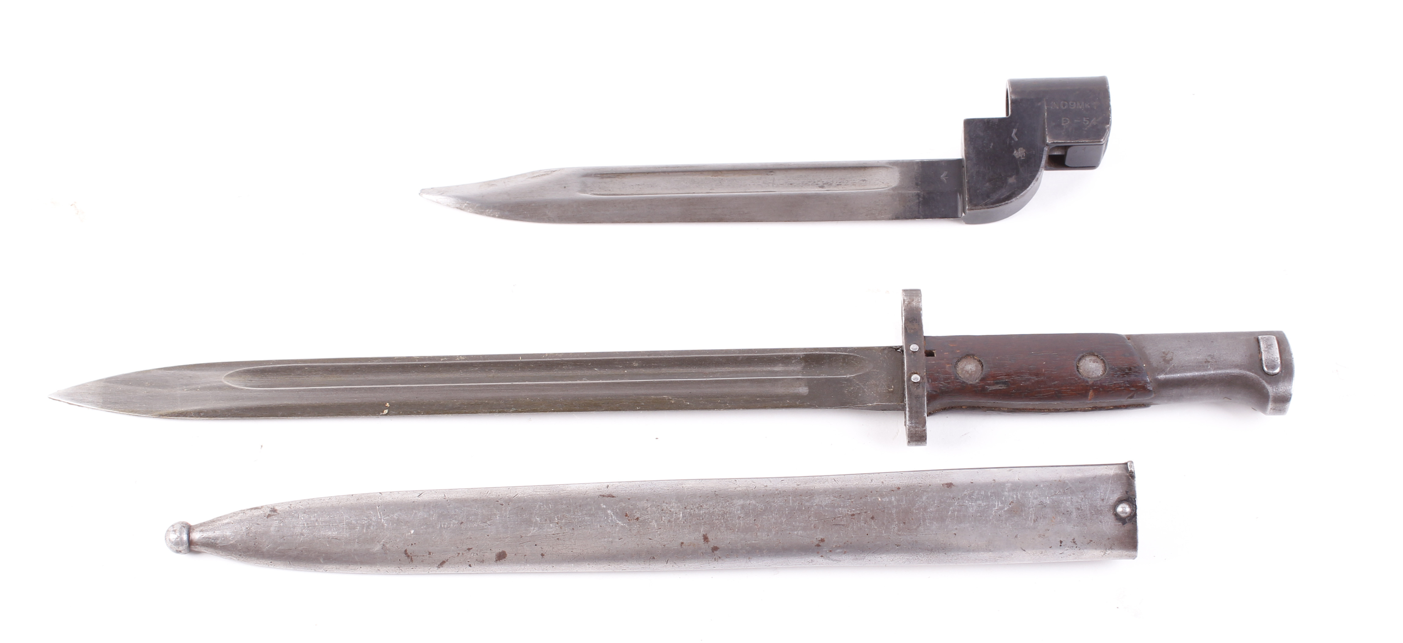 No.9 Mk.1 bayonet marked D 54 G137 D109; Portuguese M1904 Mauser bayonet marked 29754 in metal