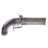 (S58) 28 bore Percussion double travelling pistol, 6 ins octagonal over and under sighted barrels,