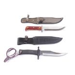 Muelay Mouflon sheath knife, 7 ins Bowie type blade, black rubber grips, black leather sheath;