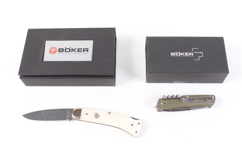Boker pocket knife with two piece bone grips; Boker combination penknife, both as new in