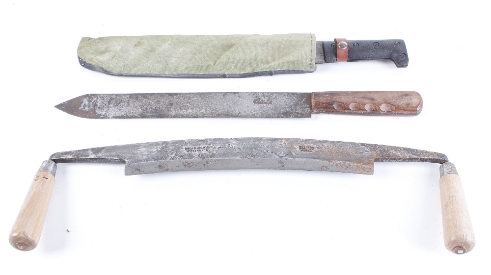 WWII Mexeur & Cie of Sheffield knife, 14¼ ins blade; one other machete; Buck & Hickman of