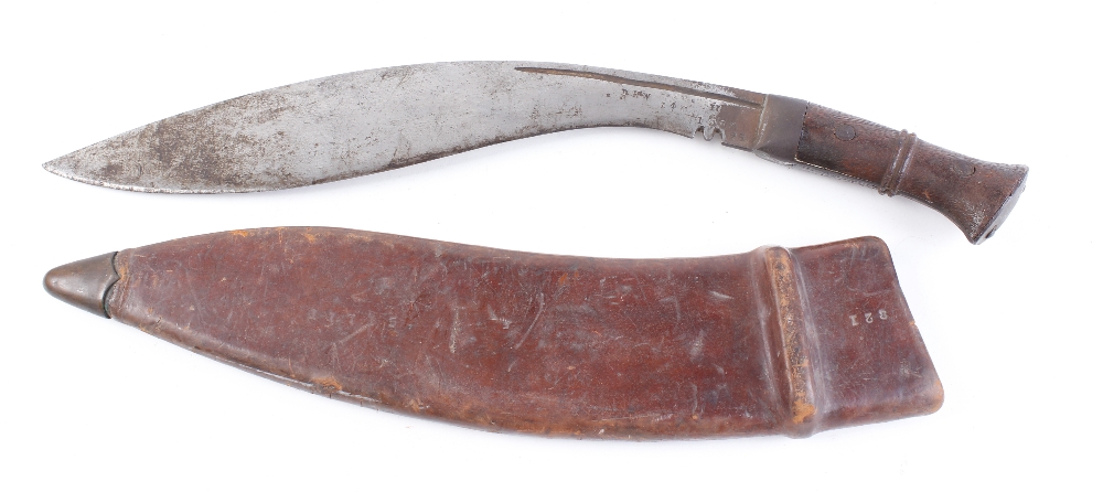 Military Kukri knife with 13½ ins blade stamped with broad arrow and other markings, metal studded