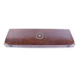 Period mahogany gun case with inset brass ring handle, brass corners, green baize fitted interior