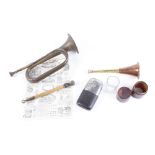 Brass and copper hunting horn, bugle, whistle, flask with leather cover, pewter cup, shot glass in