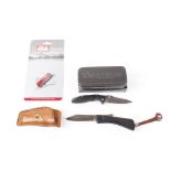 Inox pocket knife with leather sheath, Magnum (by Boker) penknife, Victorinox Swiss Army knife,