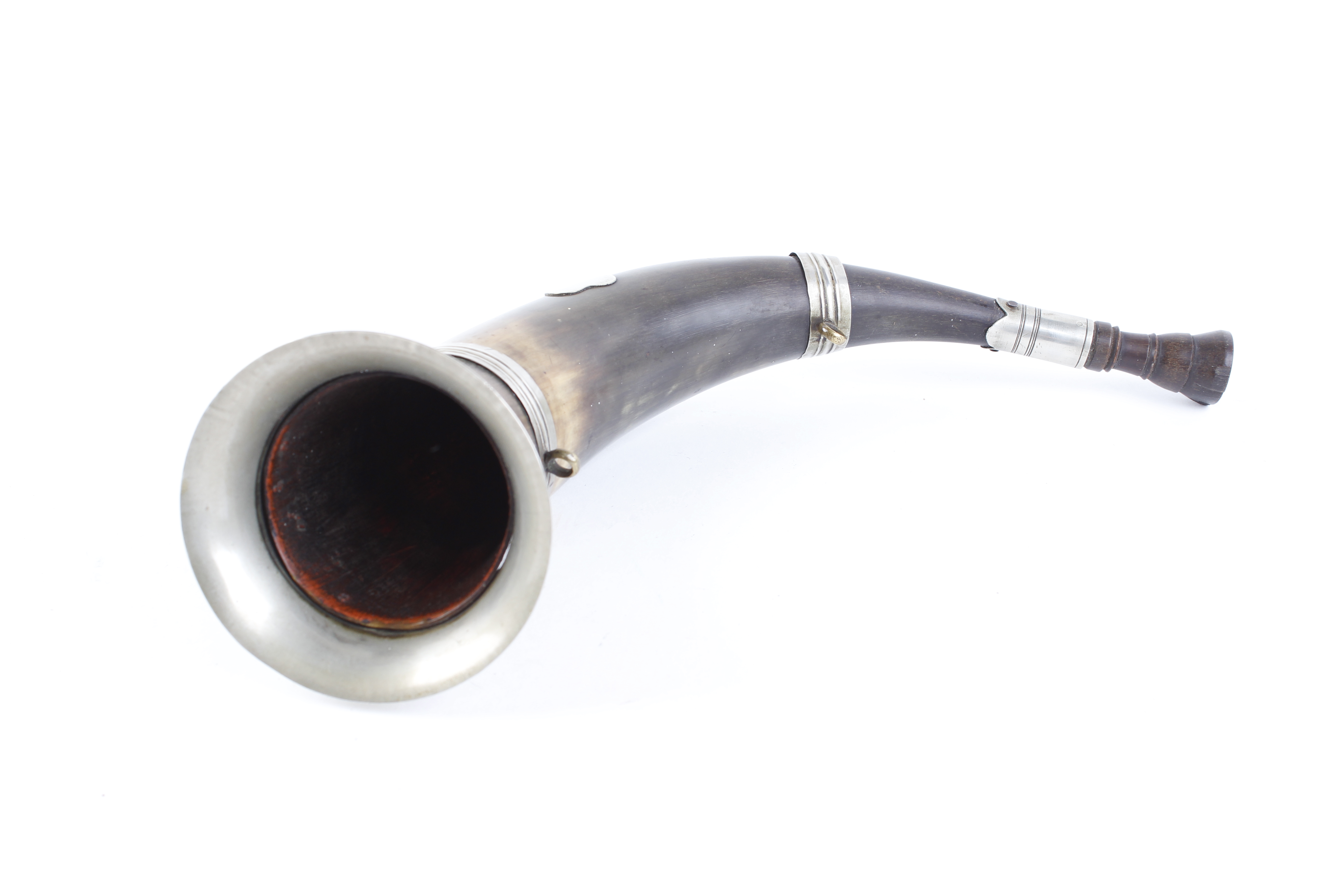 Victorian hunting horn, white metal mounted with suspension rings, length 13½ ins overall - Image 3 of 3