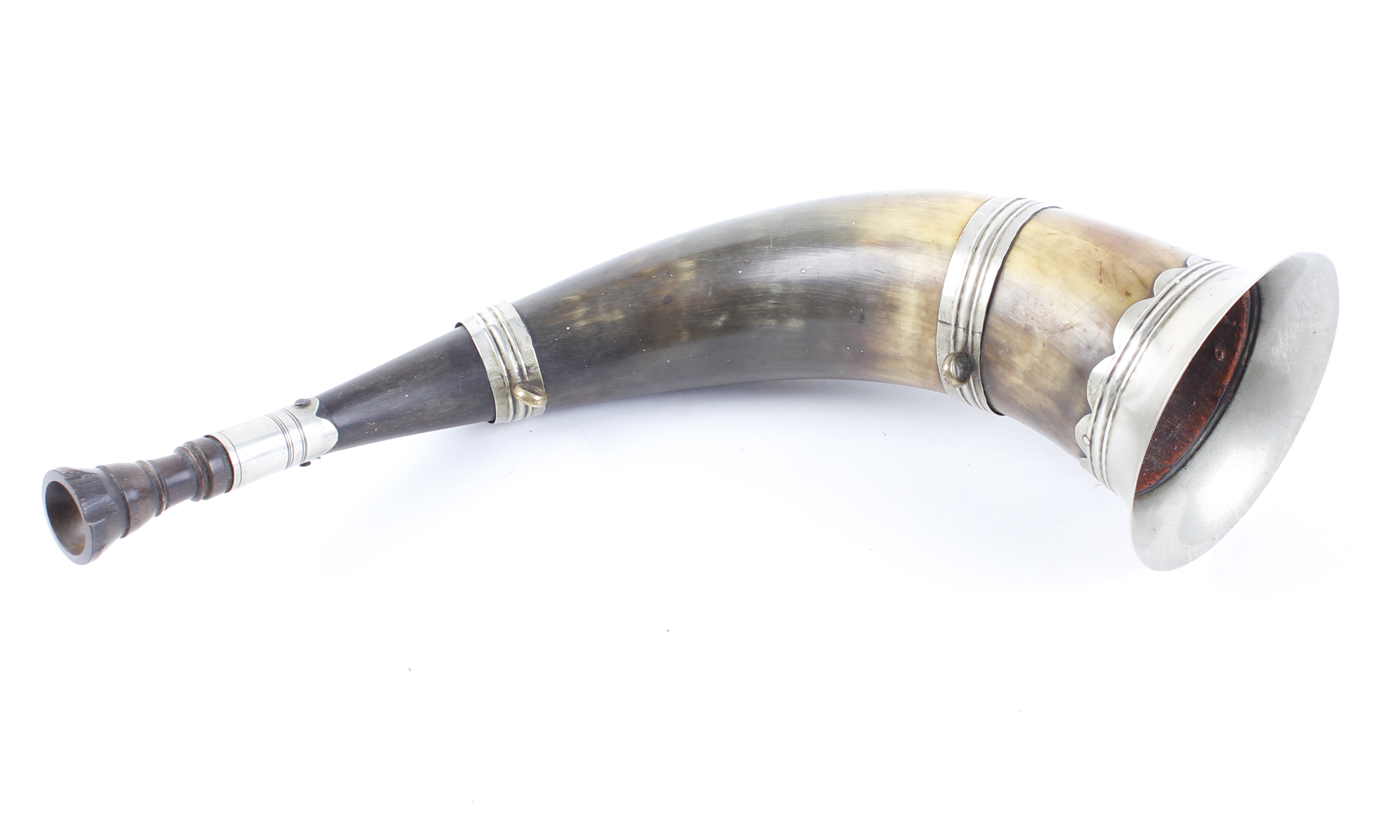 Victorian hunting horn, white metal mounted with suspension rings, length 13½ ins overall