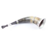 Victorian hunting horn, white metal mounted with suspension rings, length 13½ ins overall