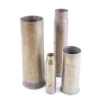 Four brass shell cases incl.: WWII 25pdr, stamped 1944; 6pdr; 30mm AFV; engine start case marked