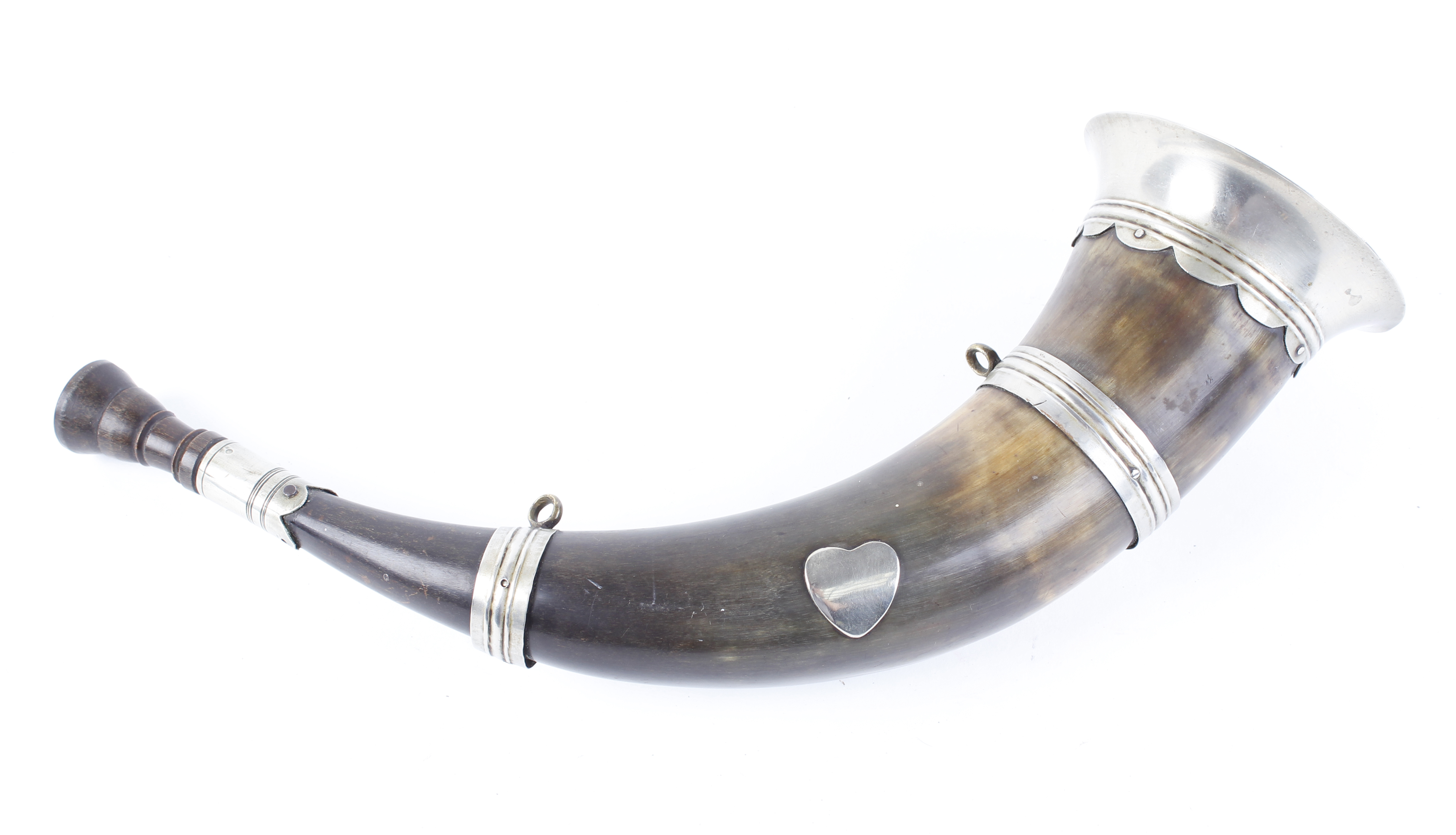 Victorian hunting horn, white metal mounted with suspension rings, length 13½ ins overall - Image 2 of 3