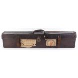 Victorian leather muzzle loading gun case, brass lock with key, fitted interior for up to 32 ins