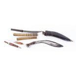 Presentation Kukri in leather covered scabbard with two skinning knives; Scratch built knife with 3½