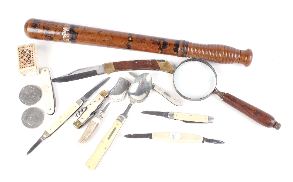 Victorian police baton, 7 various folding knives incl. silver fruit knife, magnifying glass, coins e