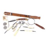 Victorian police baton, 7 various folding knives incl. silver fruit knife, magnifying glass, coins e