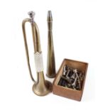 Potter of London brass bugle together with a brass horn and box of valves
