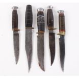 Five various sheath knives, incl. William Rodgers and Solingen, 5-6 ins blades (no sheaths)