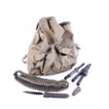 Rigid frame rucksack with quantity of once fired cases, 3 x scopes, pocket tool, and folding razor