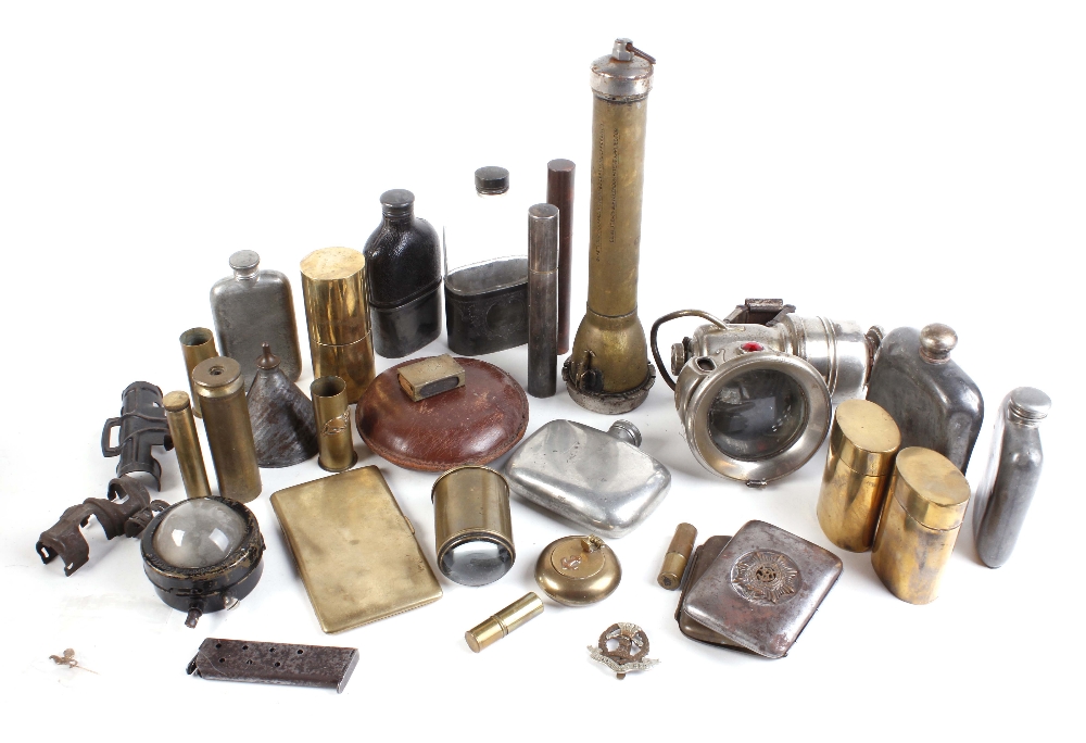 Quantity of militaria to incl. motorcycle lamp, pewter flasks, safety torch, oil bottles, cigarette