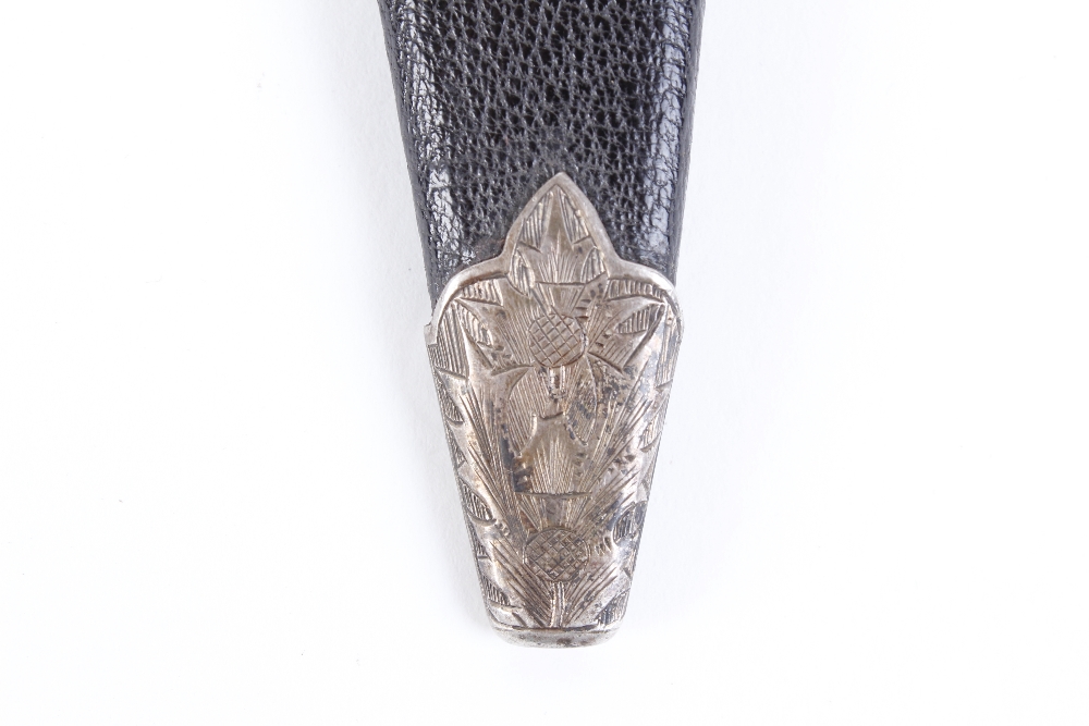 Scottish sgian dubh, 3½ ins blade, carved ebony handle, in covered wooden sheath with silver collar, - Image 3 of 7