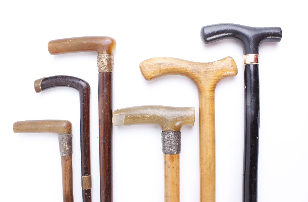 Six L shape handled wooden walking sticks