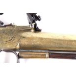 (S58) A pair of 28 bore Flintlock travelling pistols with 4 ins brass barrels, London proof marks, r