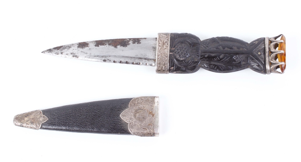 Scottish sgian dubh, 3½ ins blade, carved ebony handle, in covered wooden sheath with silver collar, - Image 2 of 7