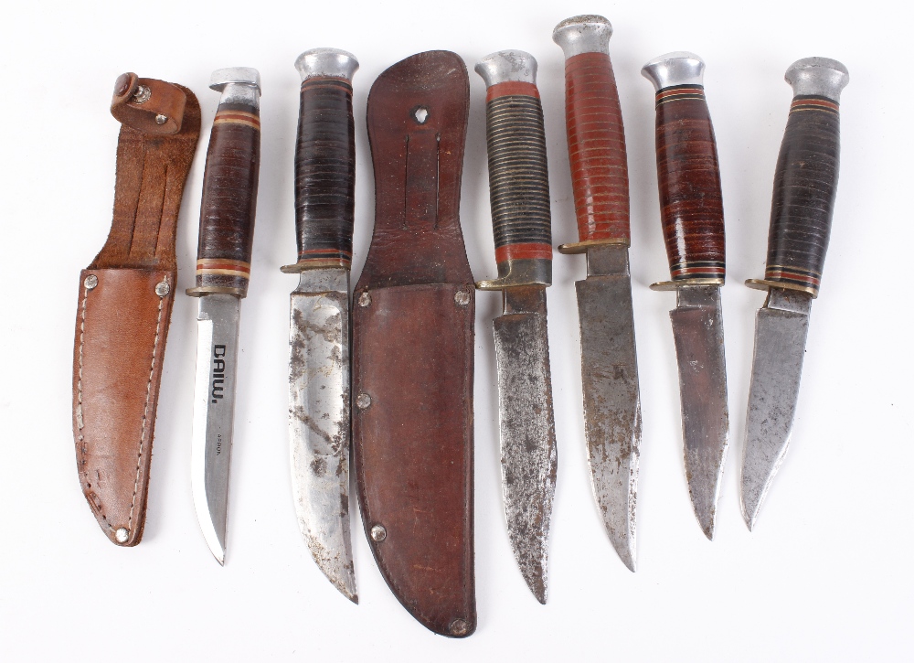 Six various sheath knives, 4-5 ins blades, some with sheaths