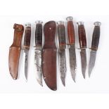 Six various sheath knives, 4-5 ins blades, some with sheaths