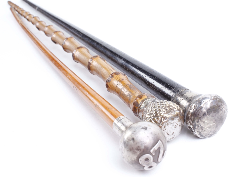 Two walking canes with silver pommels, and another similar walking cane (3)