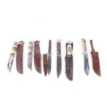 Six various horn handled sheath knives, incl. Sheffield 'Venture', 5-6 ins blades (five with sheaths