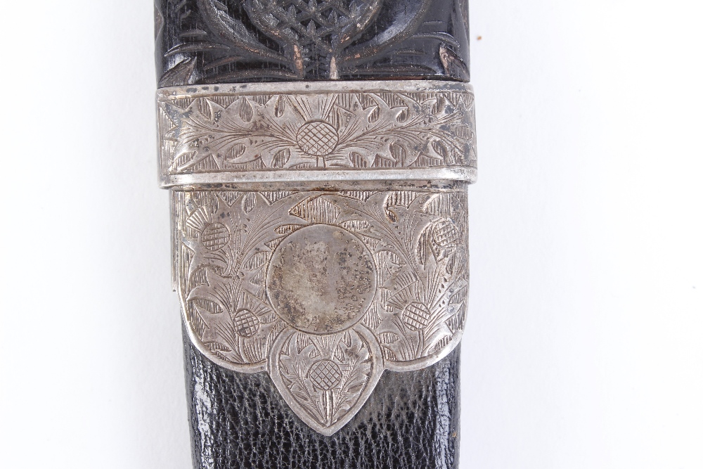 Scottish sgian dubh, 3½ ins blade, carved ebony handle, in covered wooden sheath with silver collar, - Image 6 of 7