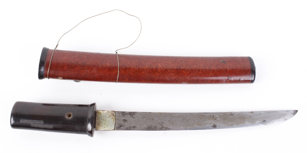 Japanese Tanto, 7½ ins blade, black lacquered grip, decorated painted Saya, 11½ ins overall - Image 2 of 6