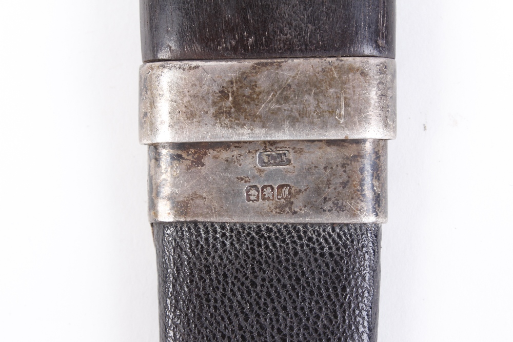 Scottish sgian dubh, 3½ ins blade, carved ebony handle, in covered wooden sheath with silver collar, - Image 5 of 7