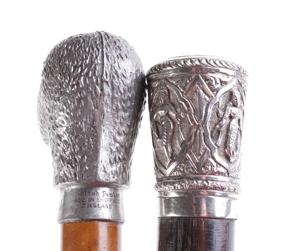 Walking cane with pewter figured duck pommel, and one other cane with decorative white metal pommel - Image 4 of 4