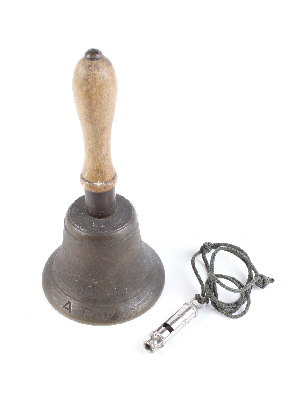 Reproduction ARP brass bell together with a J. Husdon & Co. ARP whistle