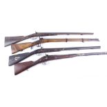 (S58) 12 bore Percussion double sporting gun and three various 10 bore percussion single sporting gu